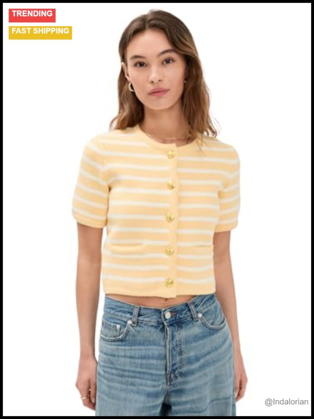 Heavyweight Knit Striped Cardigan Short Sleeve Welt Pockets Sweater